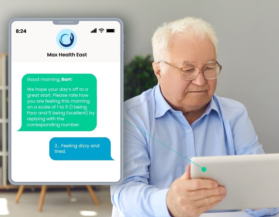 Bart responding to an ENGAGE notification from his home health agency, asking how he's feeling. Bart responds with a 2 and that he is feeling dizzy and tired.