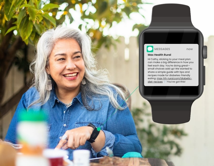 Cathy receives a REACH notification, which shares a simple guide with tips and recipes made for diabetes-friendly eating.