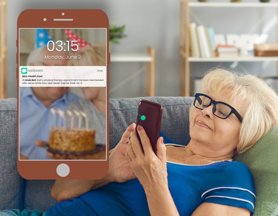 Linda receiving an appointment rescheduling alert via NOTIFY.