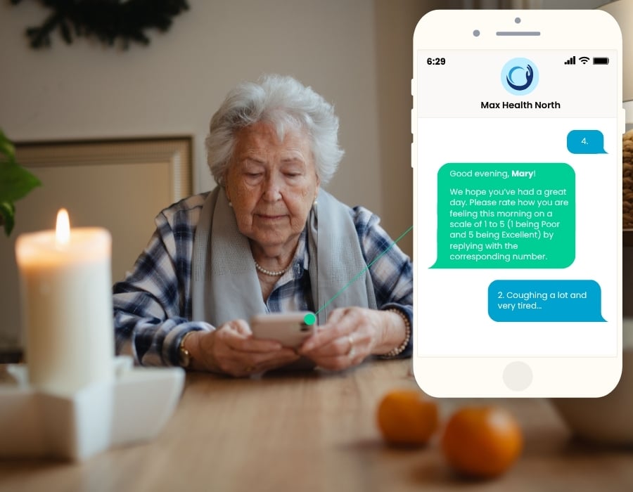 Mary responding to an ENGAGE notification from her home health agency, asking how she's feeling. Mary responds with a 2 and that she is coughing a lot and very tired.