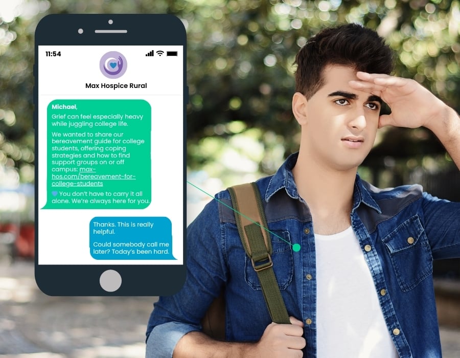 Michael receives a supportive BEREAVE text message offering resources for grieving college students.