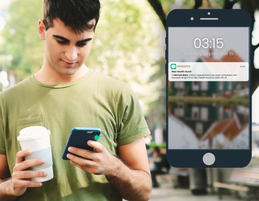 Michael receiving a text message from NOTIFY, informing him of his mother's next home health appointment.