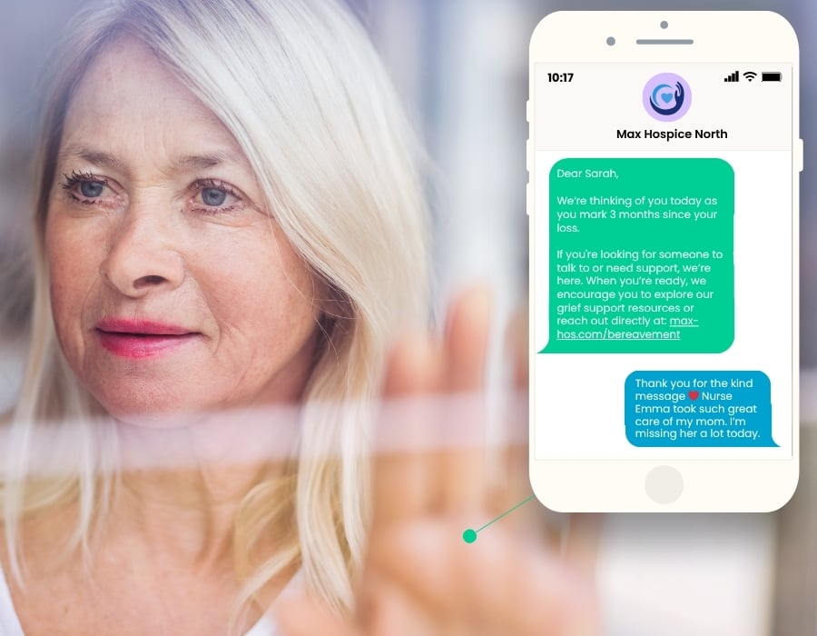 Sarah looking out a window with emotion in her eyes. A smartphone graphic shows a compassionate conversation between her and Mary's hospice as she thanks them for their kind message and shares how a nurse took great care of her mom and that she misses her.