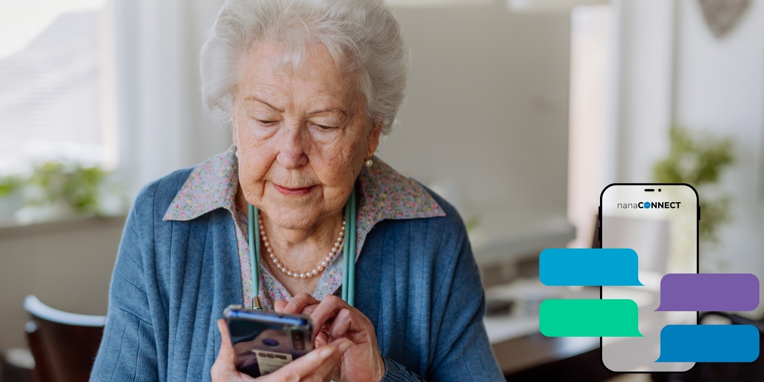 Elderly woman texting through nanaCONNECT platform.
